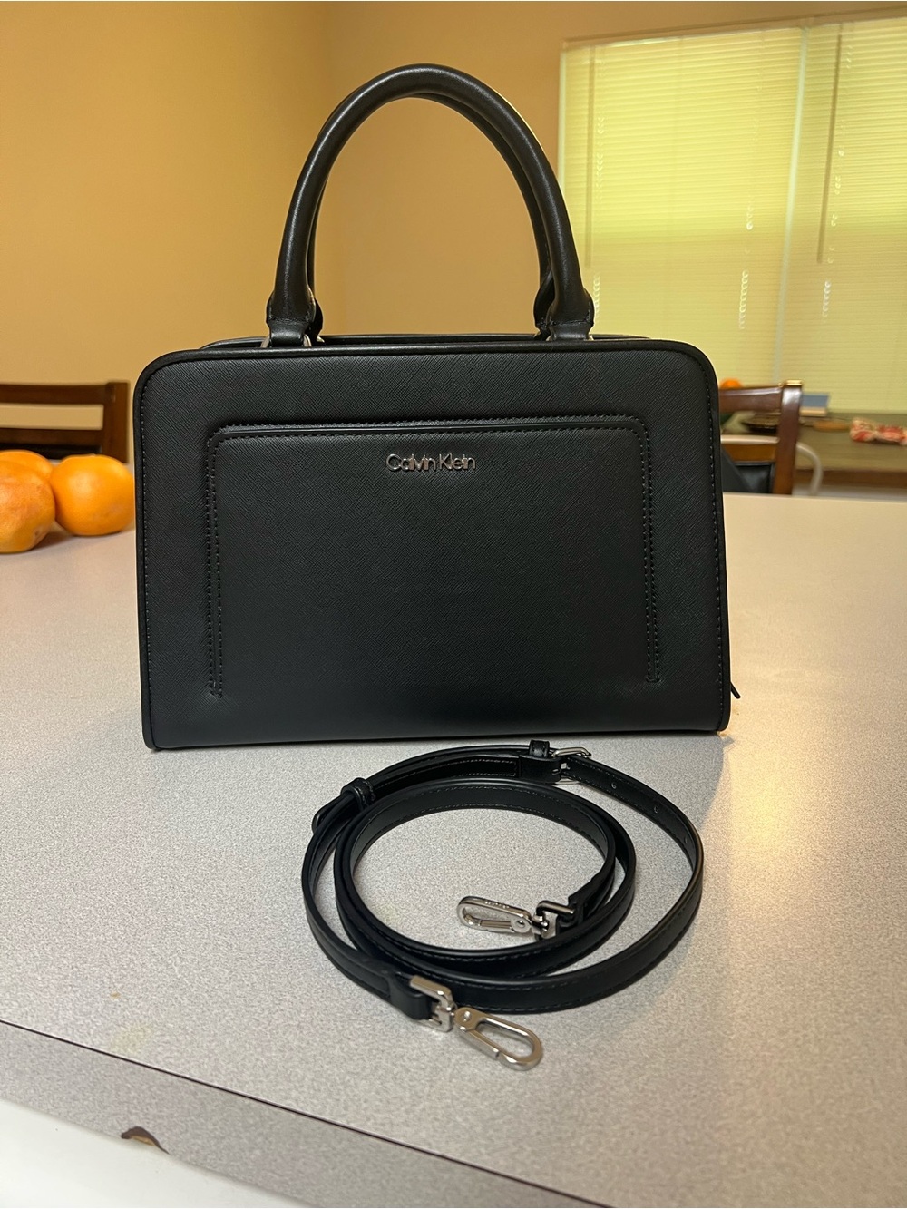 Calvin Klein Black Structured Saffiano Satchel with Strap- NWOT